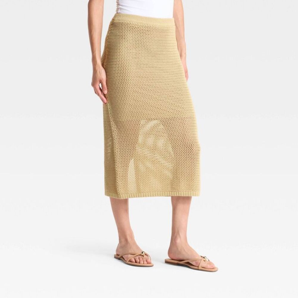 Women's Crochet-Style Pointelle Midi Sweater Skirt - A New Day Tan M